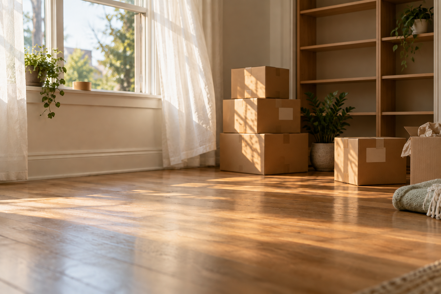 Labelled boxes stacked by a sunlit window in a half-packed room